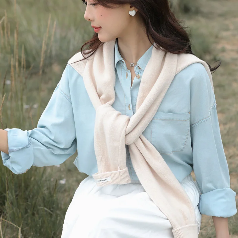 

Spring and autumn-conditioned room shawl, women's autumn and winter new style knitted woolen cape scarf with knot detail