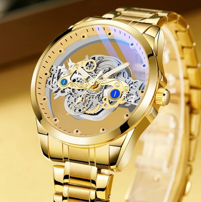 Gold Wrist Watch for Men Hollow Out Men's Watch Waterproof Stainless Steel Watch Men Quartz Wristwatches