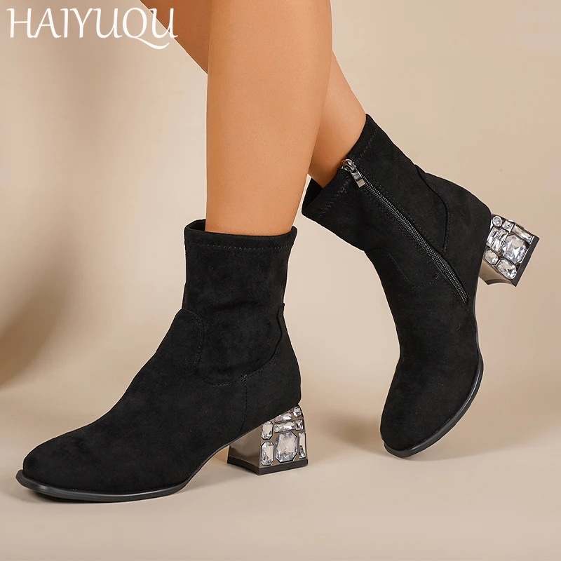 Suede Women Ankle Snow Boots Crystal Elegant High Heels Shoes Woman 2025 Trend Winter Pumps Goth Motorcycle Boots Mujer Botas