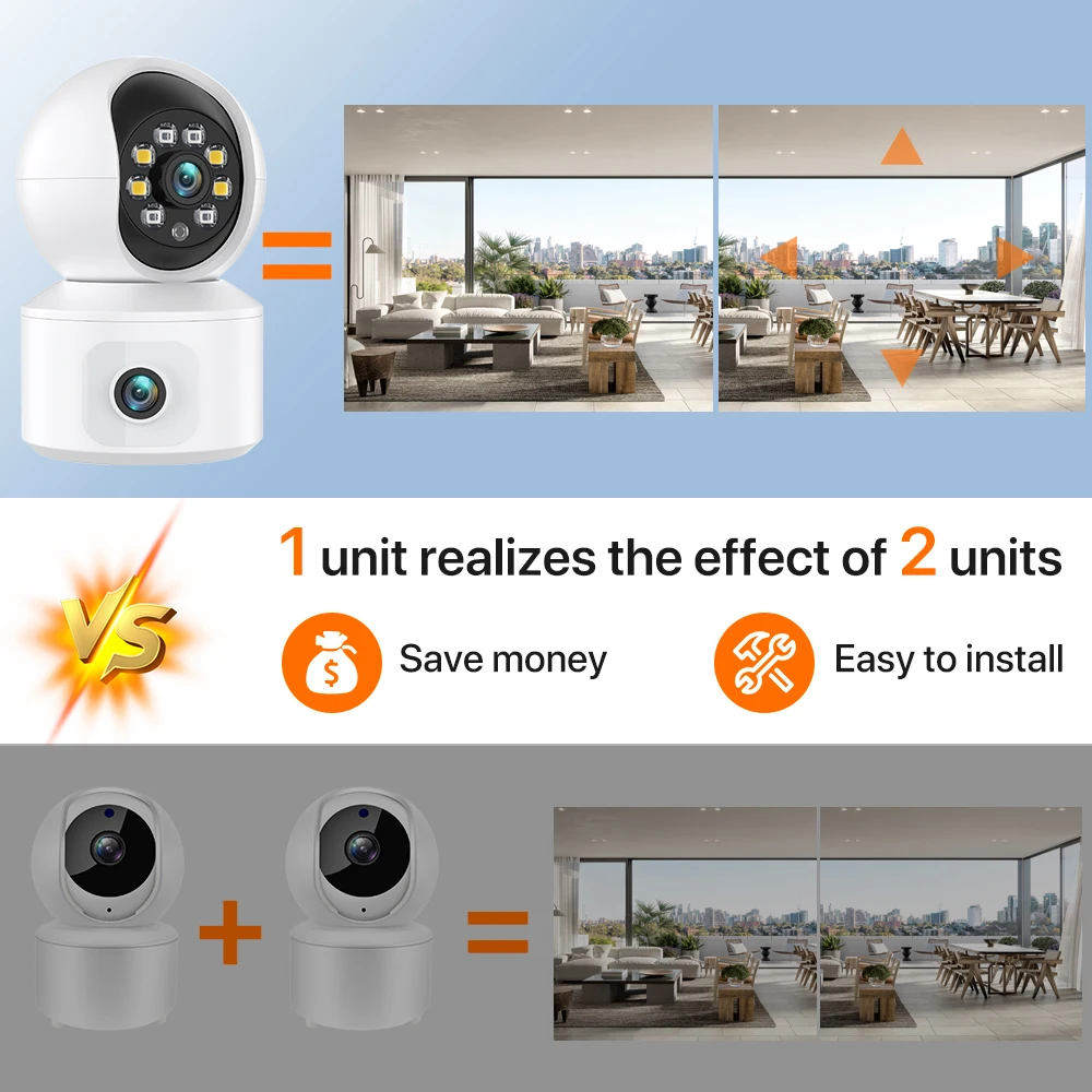 WONSDA HD Dual Lens 2.4GHz WIFI IP Camera Indoor Dual Screen Home Monitor AI Human Detection Mini Camera Security Surveillance