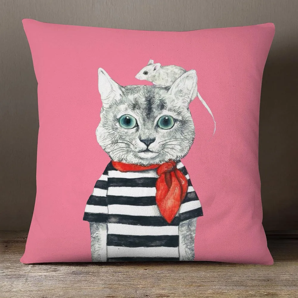Cat Fashion Show Decorative Pillows For Sofa Cartoon Animals Mouse Fish Flower Cushion Covers Pillowcase 45X45cm