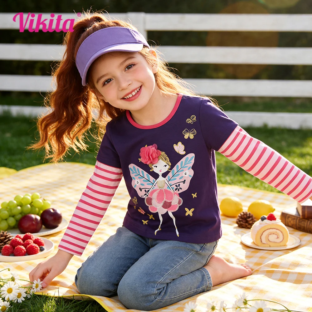 VIKITA Kids Butterfly Doll Cartoon Print T Shirt Girl Autumn Spring Long Sleeve Striped Cotton Casual Tops and Tees Kids Clothes