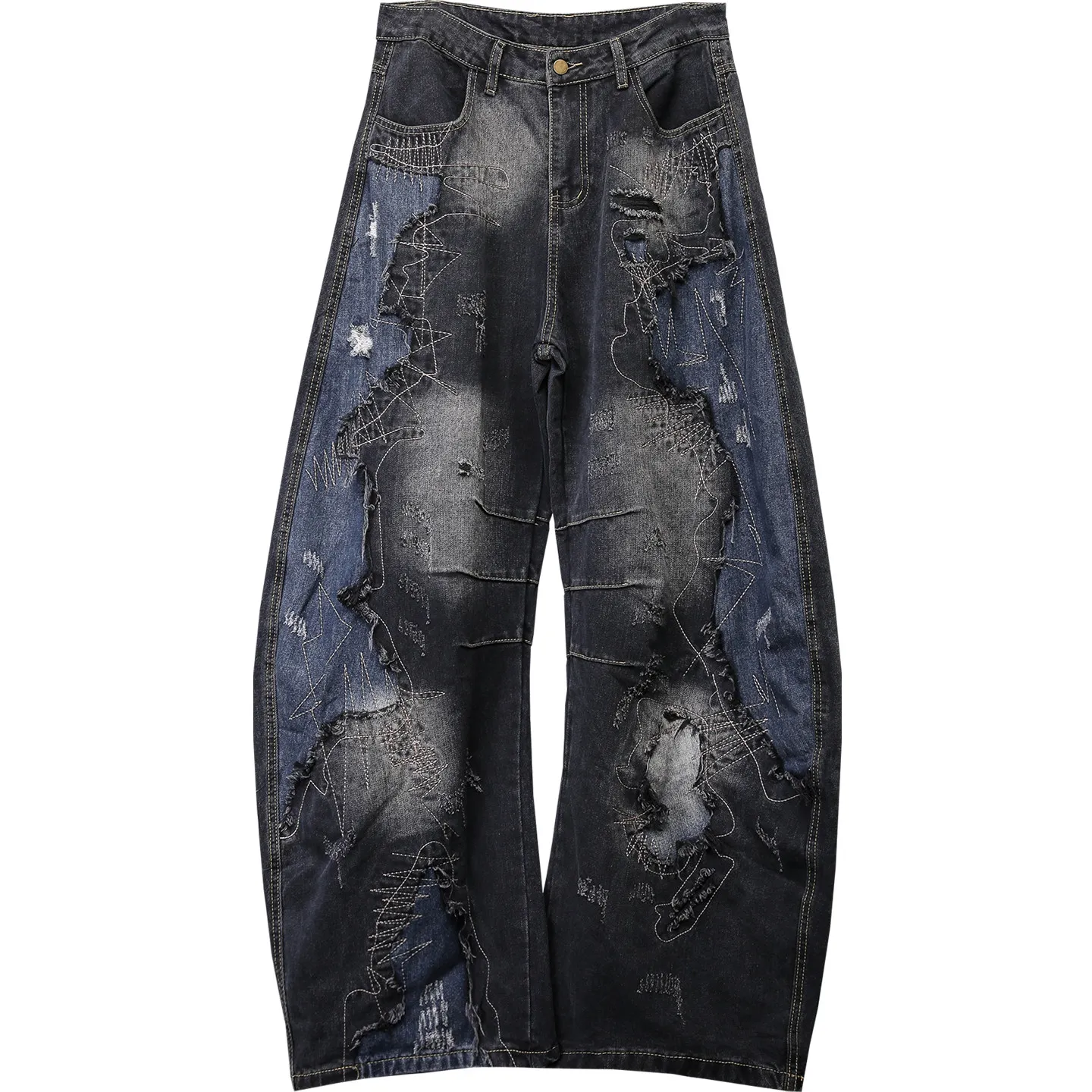 Designer Wasteland Patch Washed and Worn Stitching Embroidered Frayed Hem Deconstruction Machete Jeans Loose Wide Leg Pants
