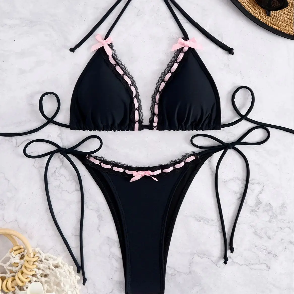 DEKA Print Lace Edge Cutie Harajuku Bikini Set Gothic Vintage Swimwear Spicy Girl Lace Patchwork Push Up Bra Tie Side Micro Swim