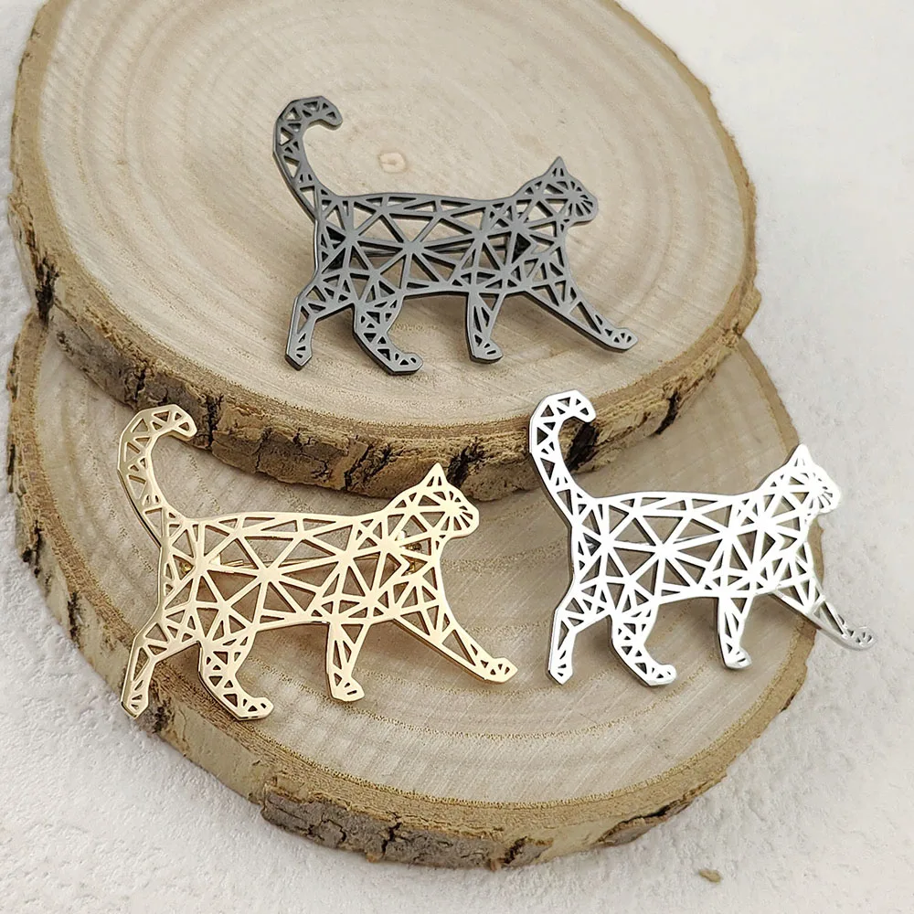 18K Gold‑Plated 316L Stainless Steel Geometric Walking Cat Brooch Hollow Pet Badge Minimal Suit Lapel Clothing Decor Pin