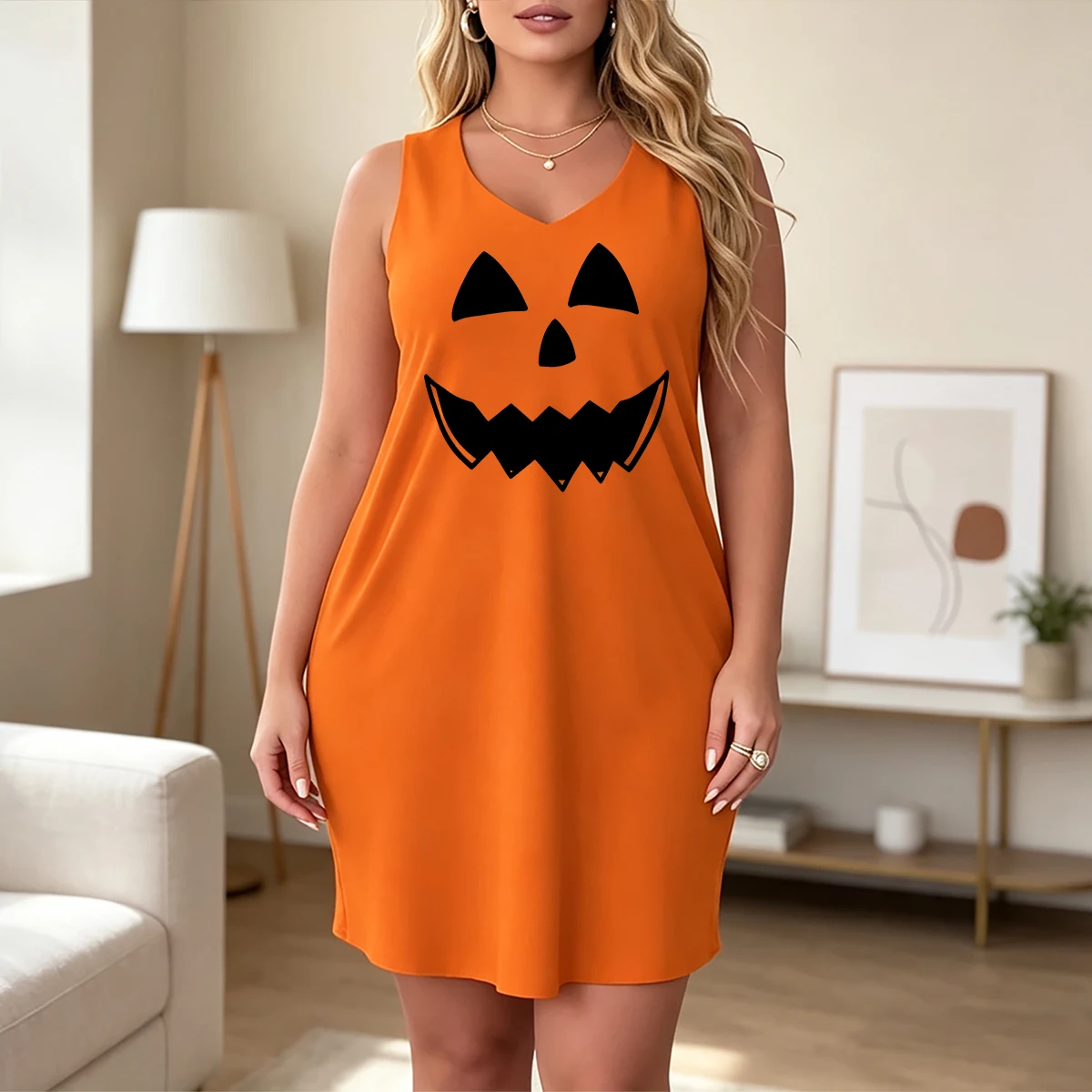 Vestido holgado sin mangas para mujer de talla grande con un estampado sencillo y original de cara de calabaza. Adecuado para fiestas de Halloween, uso diario, atuendos festivos para mujer, pijamas ligeros y ropa casual para estar en casa.