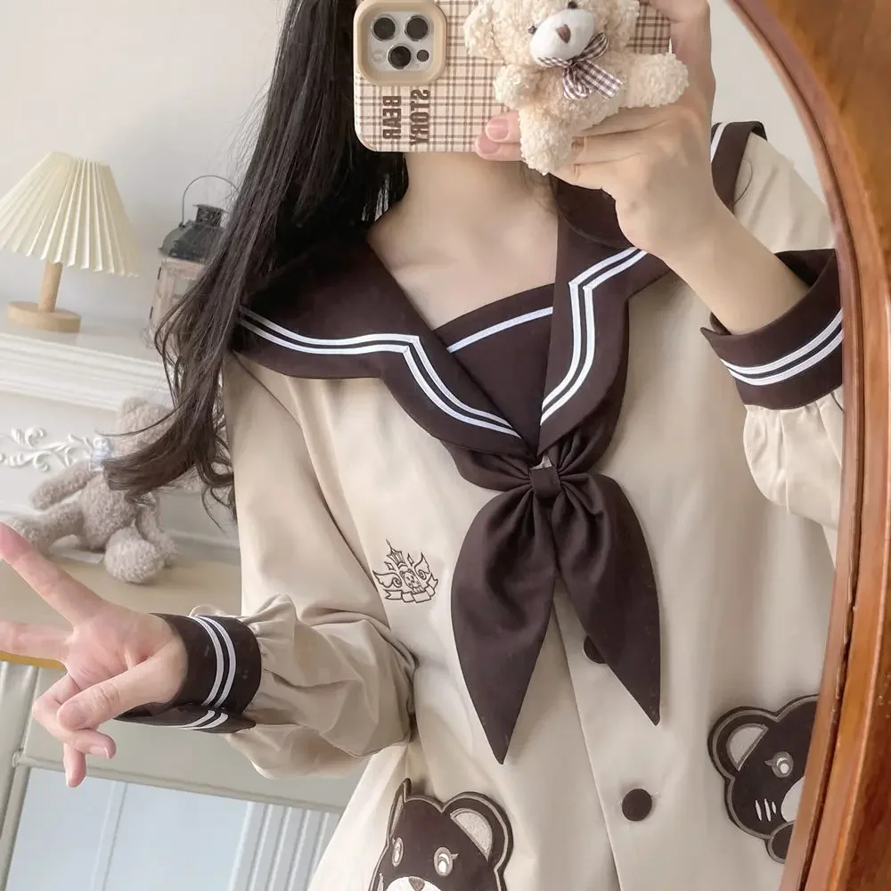 Japanese and Korean Sweet Kindergarten JK Uniform Suit Female Cute Bow Sailor Collar Cartoon Bear Coat Mini Pleated Skirt Woman