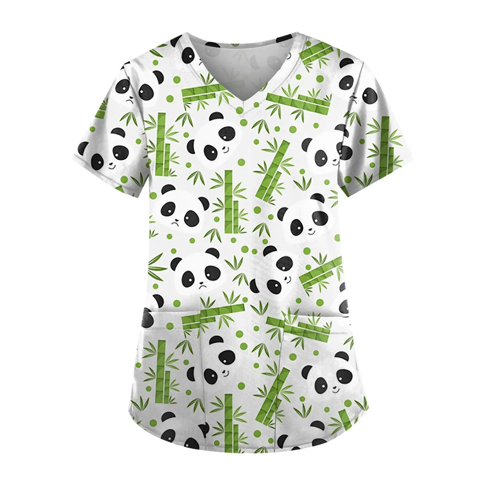 2023 Tops Women Scrub Short Sleeve V Neck Blouse Nurse Work Uniform T Shirt Cute Pandas Bamboo Print Graphic Nursing Clothes