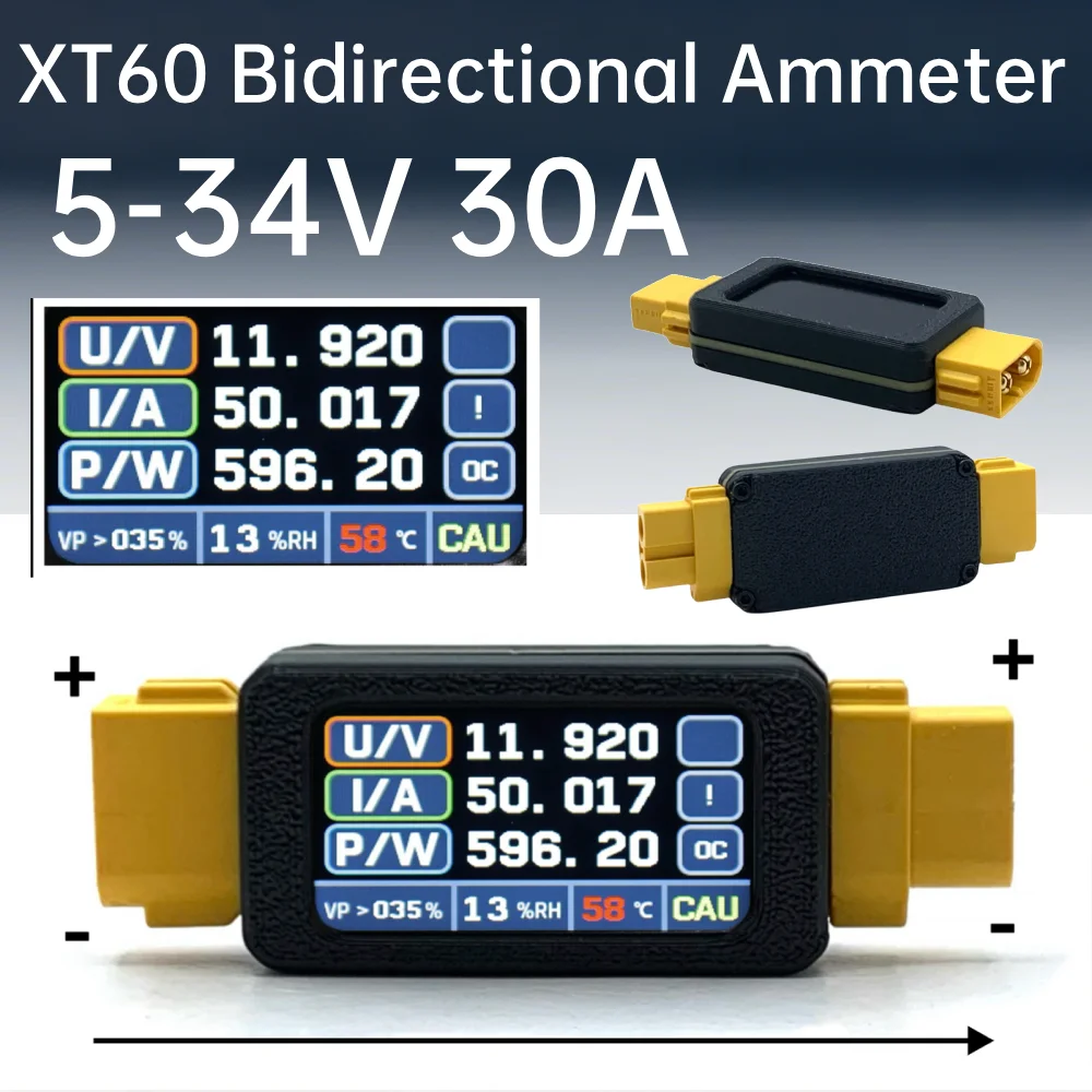 

XT60 двунаправленный амперметр 5-34 В 30 А 80 А пиковый ток RC тестер заряда и разряда батареи измеритель температуры и влажности