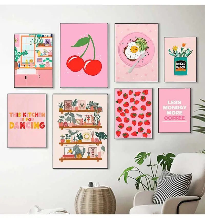 Abstract Coffee Cherry Strawberry Plant Wall Art Canvas Painting Nordic Posters And Prints Wall Pictures For Pink Kitchen Decor