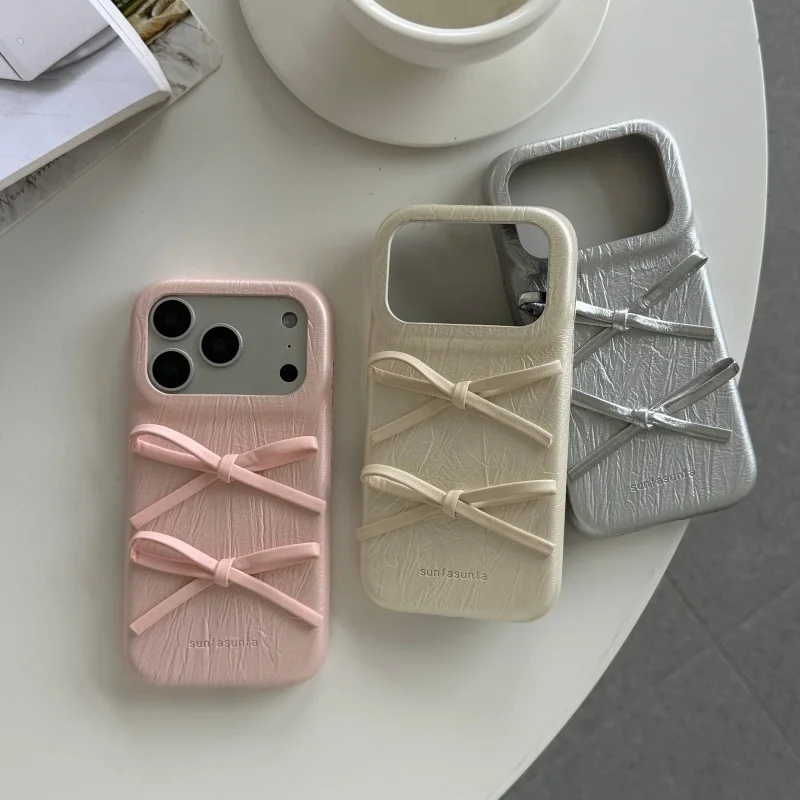 

Korean Cute Bowknot Leather Phone Case For iPhone 17 Pro 16 15 14 Pro Max Cover Shockproof Protective Cases For Apple 16 Pro Max