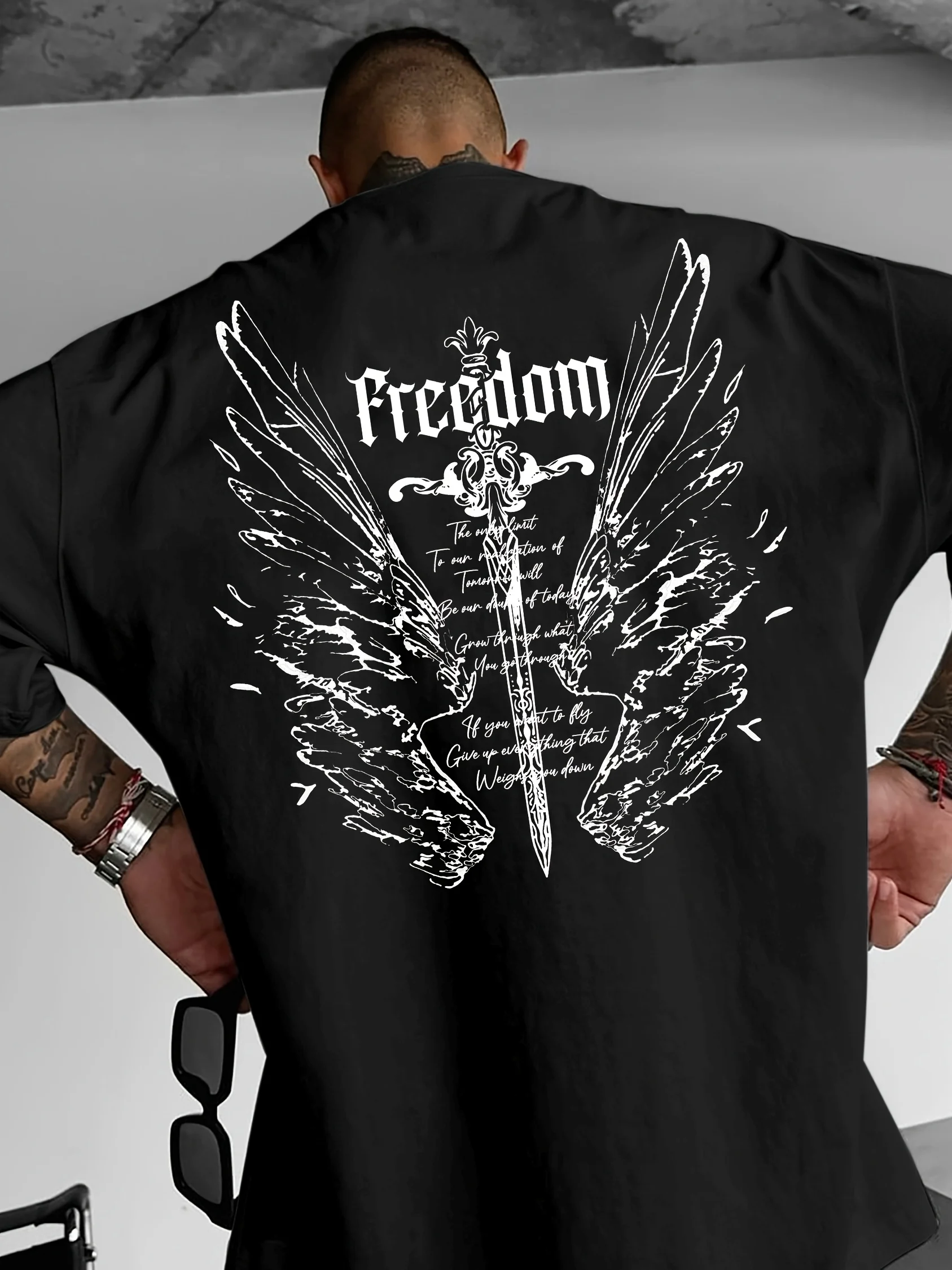 Family Matching T‑Shirt Freedom Gothic Sword Wing Art Back Print Parent‑Child Loose Casual Streetwear Cotton Tee Tops