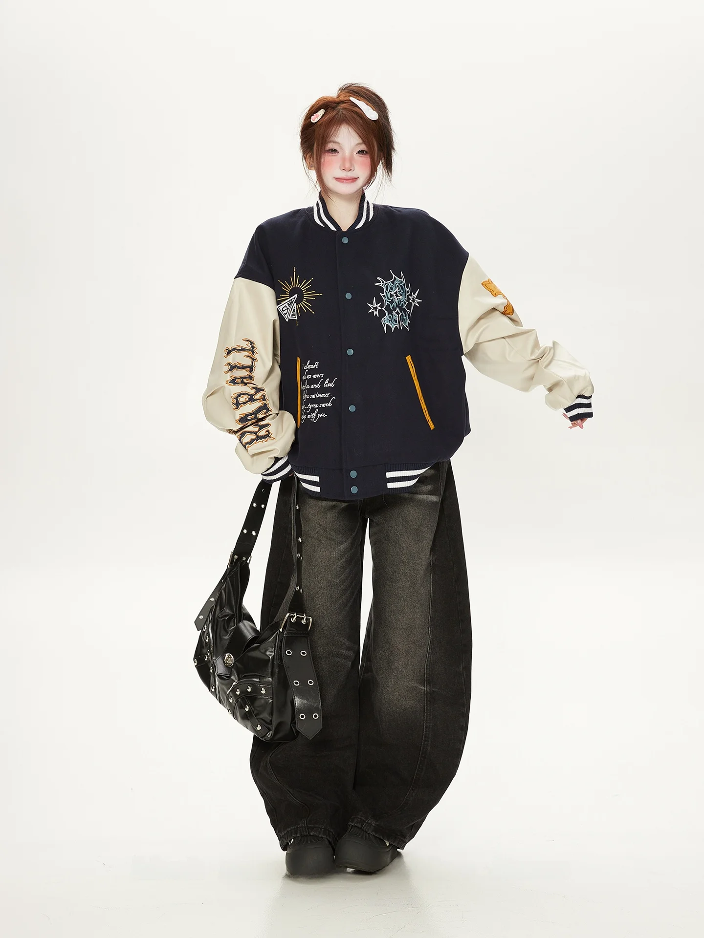 Solto ajuste retalhos bordado beisebol jaet feminino outono couro sve outerwear rua sle adient azul jaet