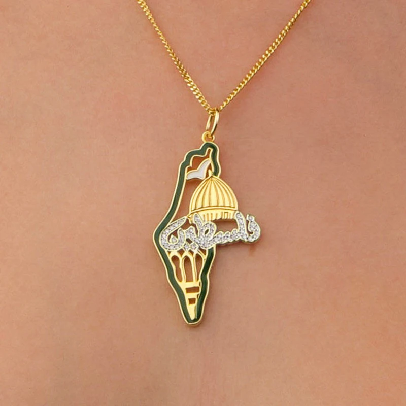 Stainless Steel Dome Al Aqsa Mosque Zircon Pendant Necklace Geometric Map Arabic Letter Personalized Chain Charm Jewelry