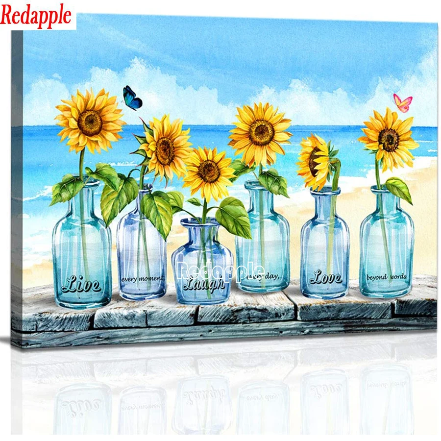 Full DIY Diamond Painting, Inspirational Watercolor, Sunflower, Blue Bottle, Beach, motivational Girl, Woman Room, Seascape, 5 D