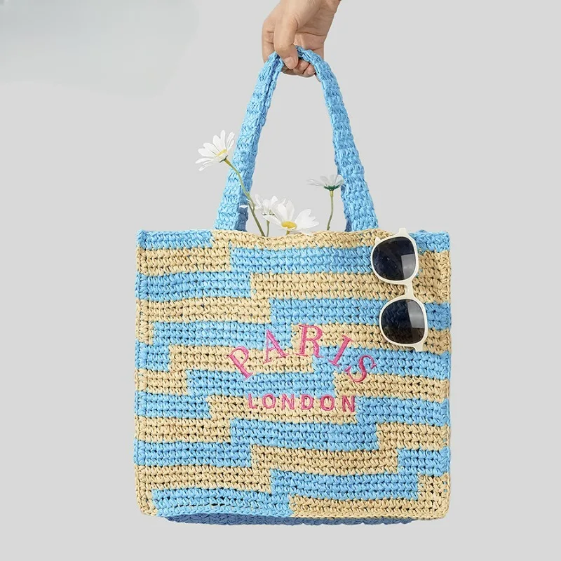 

2024 Handmade Embroidered Letter Woven Bag for Women's Small Stand Color Contrast Shoulder Bag Summer Beach Vacation Handbag