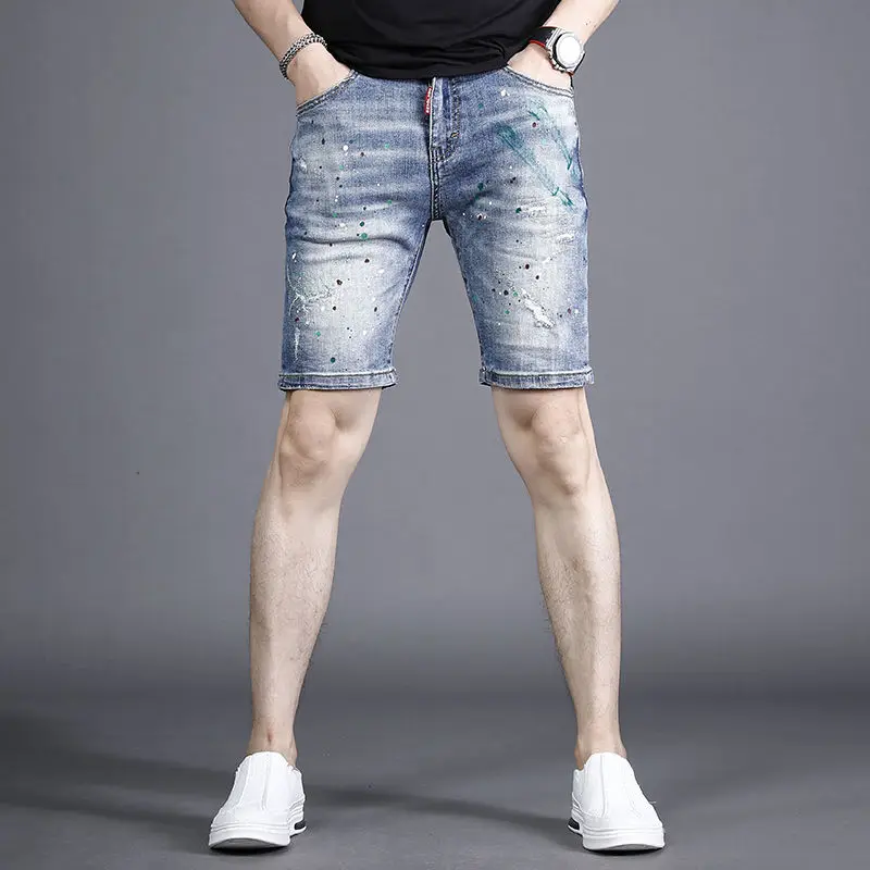 Summer Thin 2025 Ripped Denim Shorts Men's Breeches Trendy Brand Trend Splashing Ink Medium Pants Men's High-end Trendy