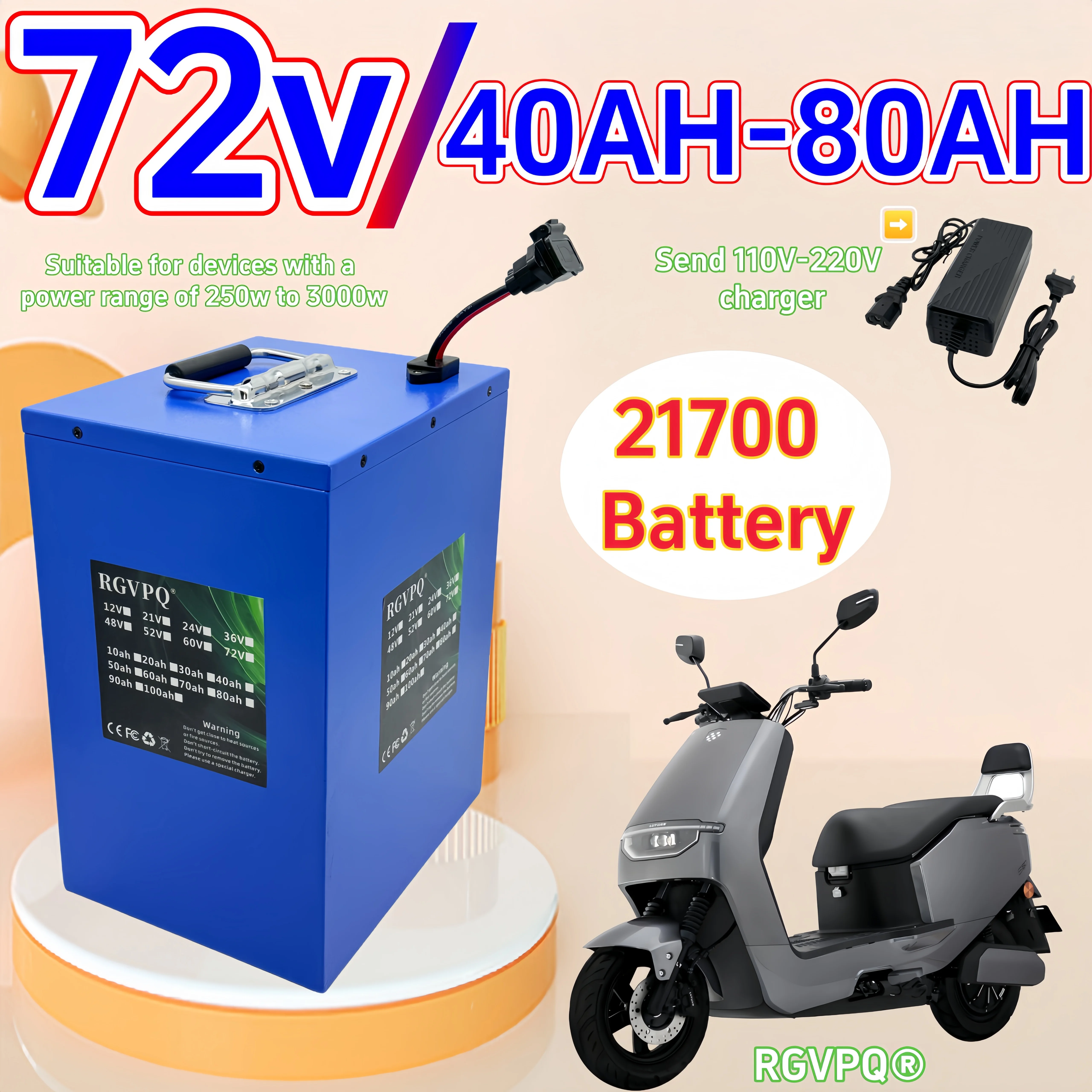 

DIJIAR, 72V21700 lithium-ion battery, brand new 80AH capacity, waterproof shell material, built-in 40AHBMS, application 3000W