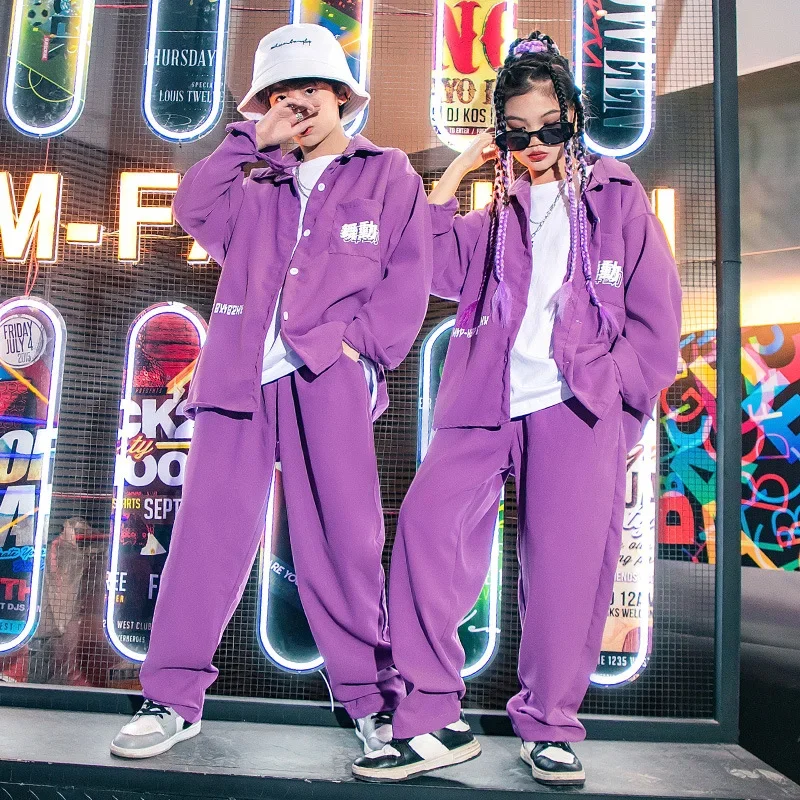 

Kids Street Dance Performance Outfit Purple Suit Shirt Pants Kpop Clothing Boys Girls Hip Hop Jazz Dancewear Streetwear DL10193