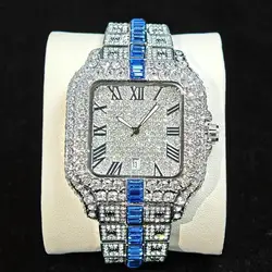 Fashion Watch For Men Brand UNIGUET Luxury Square Iced Out Quartz Watch Man Hip Hop Blue Diamond Jewelry Wristwatch Reloj Hombre