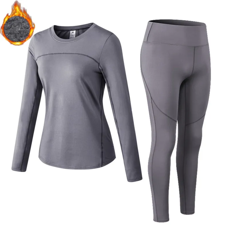 Women Running Set GYM Suits Thermal Sports Fitness Exercise Jogging Hiking Warm Thermo Top Shirt + Tights Yoga Tracksuit 2366