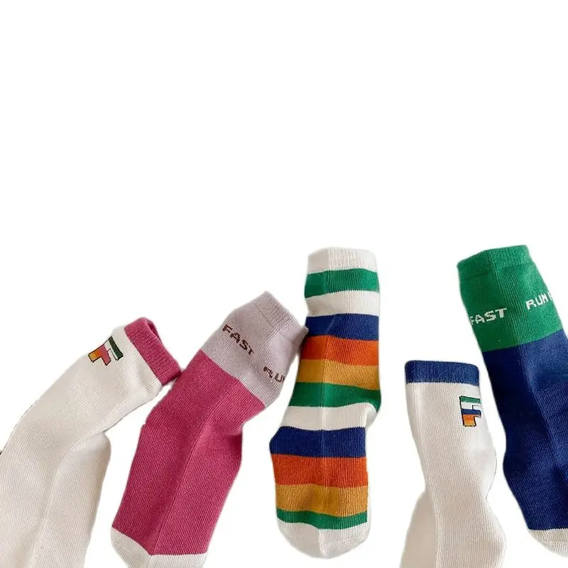 

3Pairs/Lot 3-12Year 2023 Autumn Rainbow Stripe Mid tube Socks Breathable Boneless Boy's and Girl's Treasure Socks