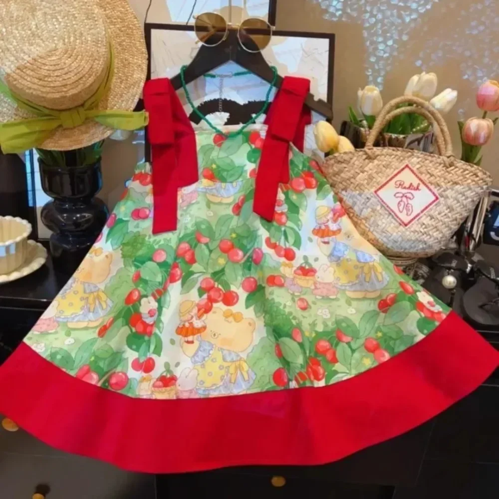 2025 Summer Pastoral Style Korean Version Fashionable Girl Princess Dress with Bow Animal Cherry Print Children's Casual Clothes