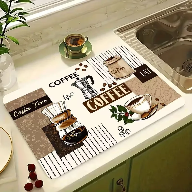 Super Absorbent Coffee Theme Kitchen Drying Mat Quick Dry Tableware Countertop Protector Non-Slip Espresso Machine Spill Pad