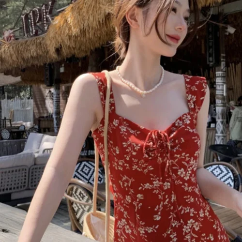 여름 드레스 한국 스타일 빈티지 V넥 무릎 길이 A라인 여성 여름 휴가 해변 레드 플라워 무스탕 드레스 원피스 드레스 
