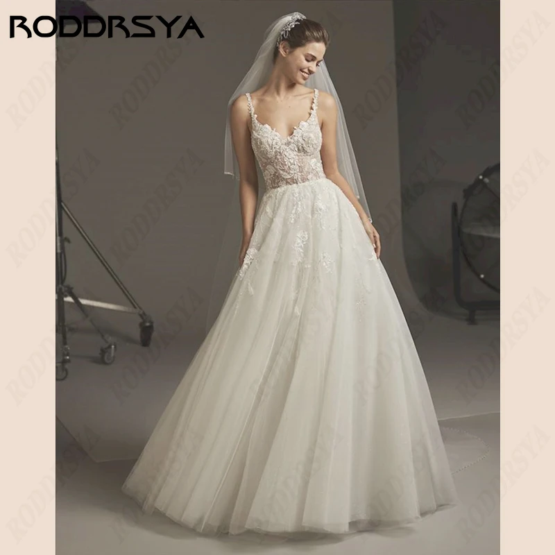 RODDRSYA-Robe de Mariée Trapèze en Dentelle, Col en V, Appliques, Bretelles Spaghetti, Tulle, ixde la Mariée, Bouton au DosRobe de Mariée Trapèze en Dentelle, Col en V, Appliques, Bretelles Spaghetti, Tulle, ixde la Ma