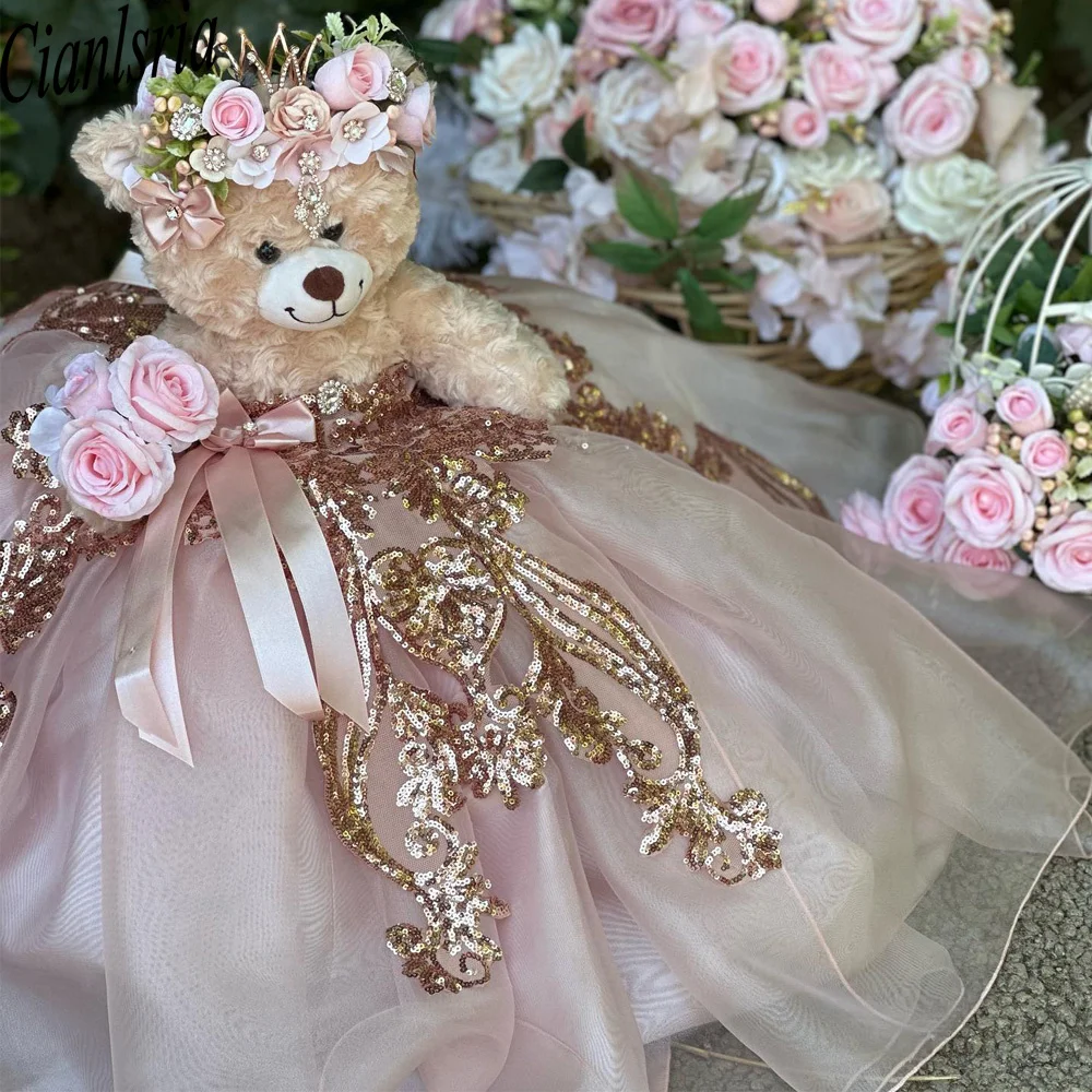 Pink Personalized Quinceanera Teddy Bear Dress Exquisite Beaded Flowers Appliques Customized