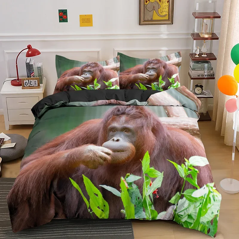 Orangutan Duvet Cover King Queen Size Cute Monkey Bedding Set Palm Leaves Tropical Botanical Polyester Comforter Cover for Adult