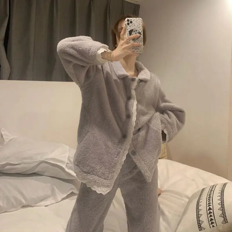 طقم بيجامة ملابس نسائية ملابس منزلية بأكمام طويلة طقم مكون من قطعتين للخريف والشتاء موضة سميكة ومريحة حلوة #4