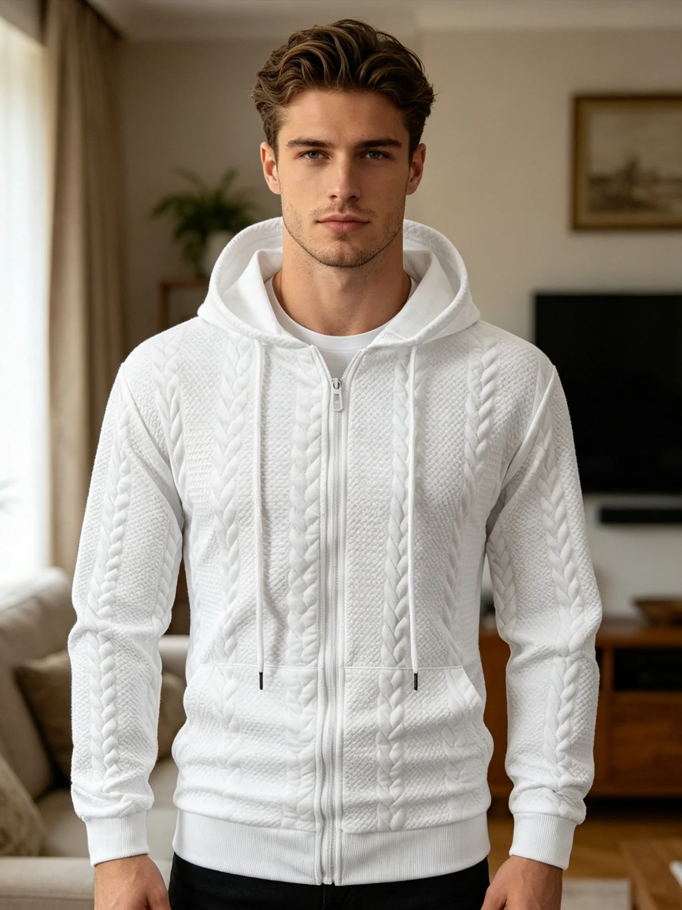 Unique Cable Jacquard Knit Men Zip Hoodie Jacket Sturdy Smooth Zipper Adjustable Hood Elastic Rib Edge Casual Sweatshirt ForCity