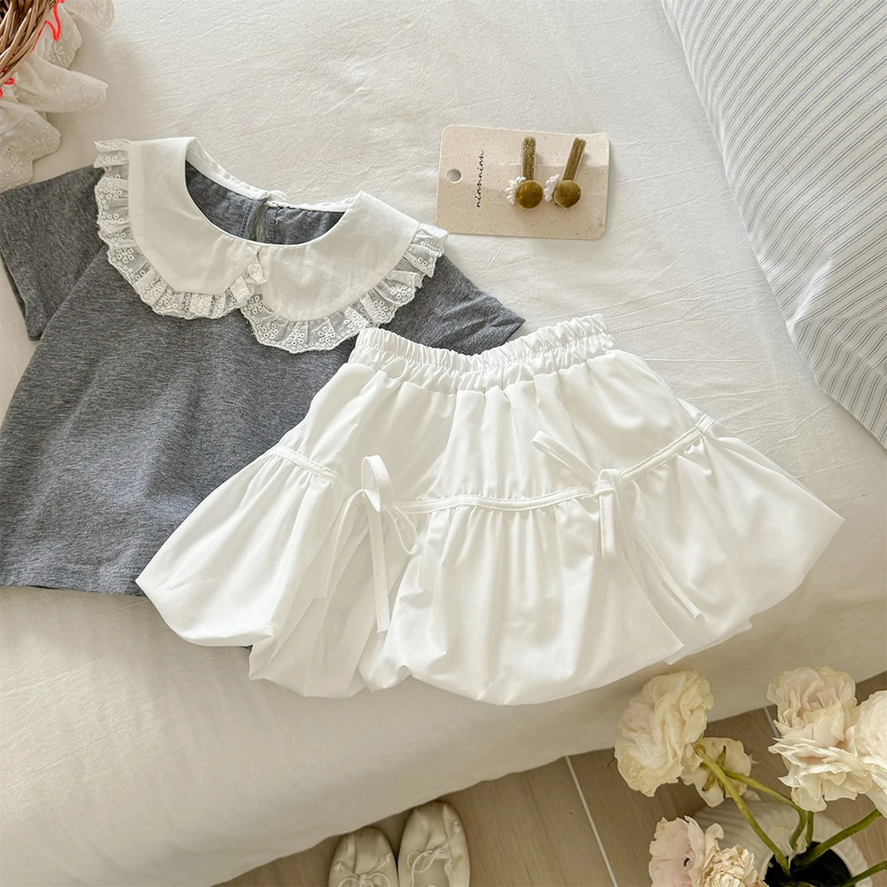 Girls Baby Clothes Set Cute Lace Peter Pan Collar Kids T-shirt+Puffy Bubble Skirt 2Pcs Summer Trendy Children Skirts Outfit Suit