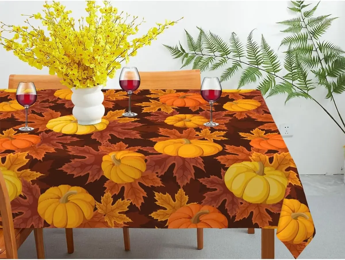 Fall Harvest Pumpkin Maple Leaf Rectangle Tablecloth Party Decor Waterproof Tablecloth for Kitchen Thanksgiving Decorations