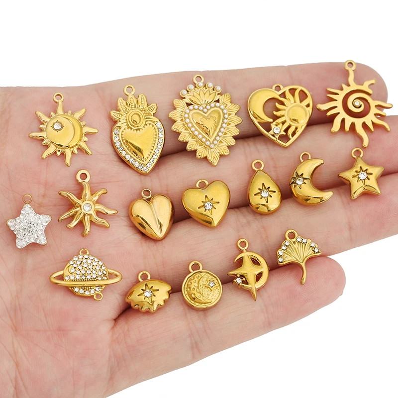 5pcs Stainless Steel Gold Color Zircon Charms Moon Sun Heart Water Droplet Planet Pendant DIY Necklace Jewelry Making Supplies