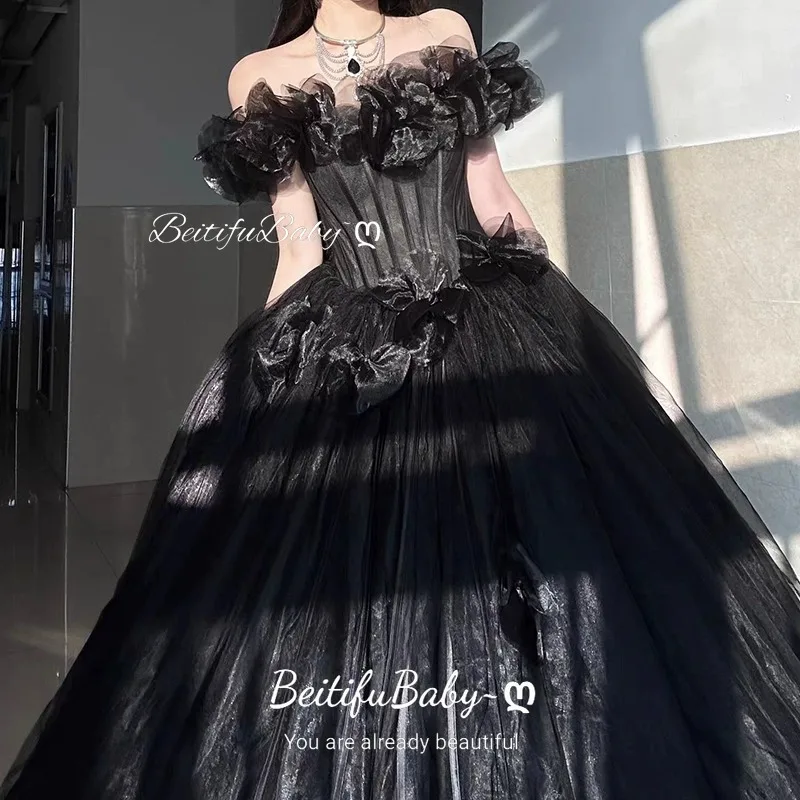 

BeitifuBaby Princess Style Black Evening Dress for Women 3D Flower Off The Shoulder Sleeveless Gown Graduation Dresses Vestidos