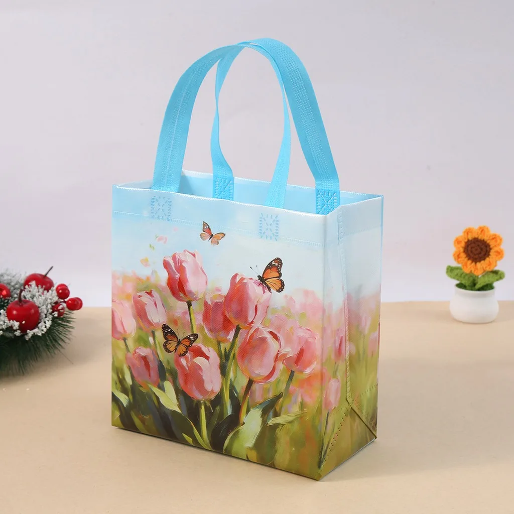 Aesthetic Flower Tote Bag Printed Non-Woven Reusable Grocery Bags Waterproof Gift Pouch Eco Friendly Sac for Everyday Travel