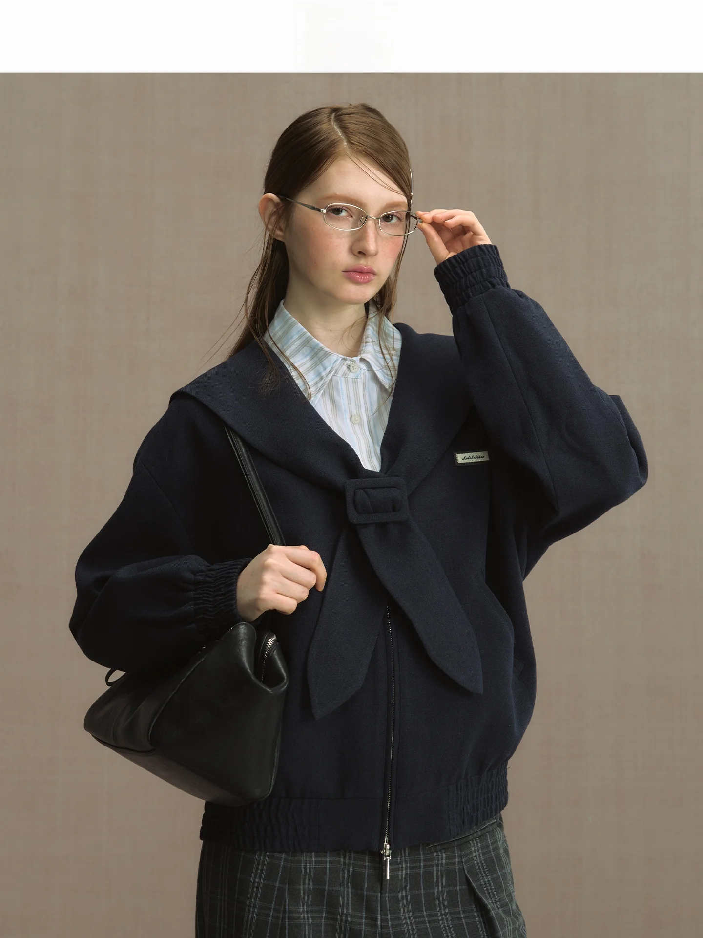 

LoLoL Vintage Loose Navy Collar Jaet Women's ort Outerwear Breathable Polyester Blend Zipper ket Detailing