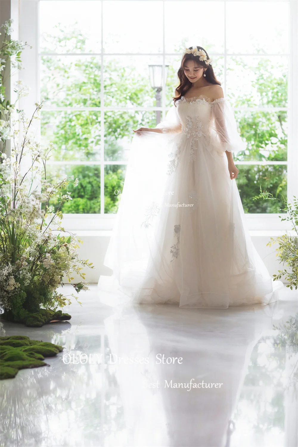 OLOEY Exquisite Square Collar Wedding Dress Korea Photoshoot Silky Organza Puff Sleeves Bridal Gown Floor Length Applique Custom