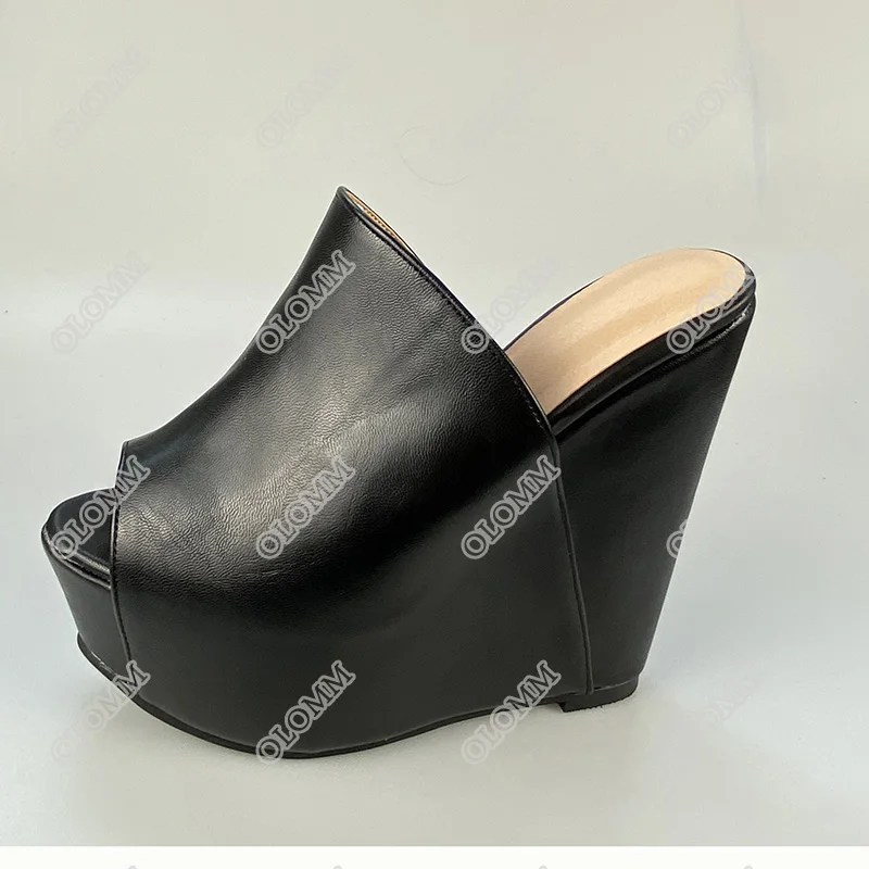 Olomm Handmade Women Summer Platform Mules Sandals Wedges High Heels Open Toe Elegant Black Party Shoes Women US Plus Size 5-20