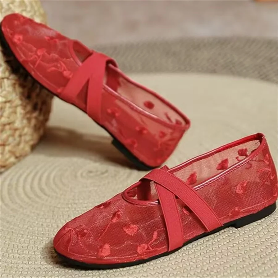 

2025 модные красные сетчатые балетки для женщин, лоферы с вышивкой, удобная танцевальная обувь на плоской подошве, прогулочные эспадрильи Мэри Джейн