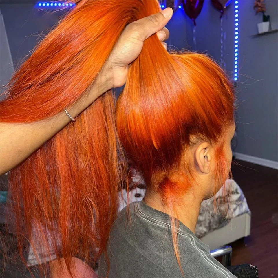 30 Polegada 350 laranja gengibre em linha reta perucas dianteiras do laço cabelo humano brasileiro 13x6 hd perucas frontais do laço transparente com cabelo do bebê