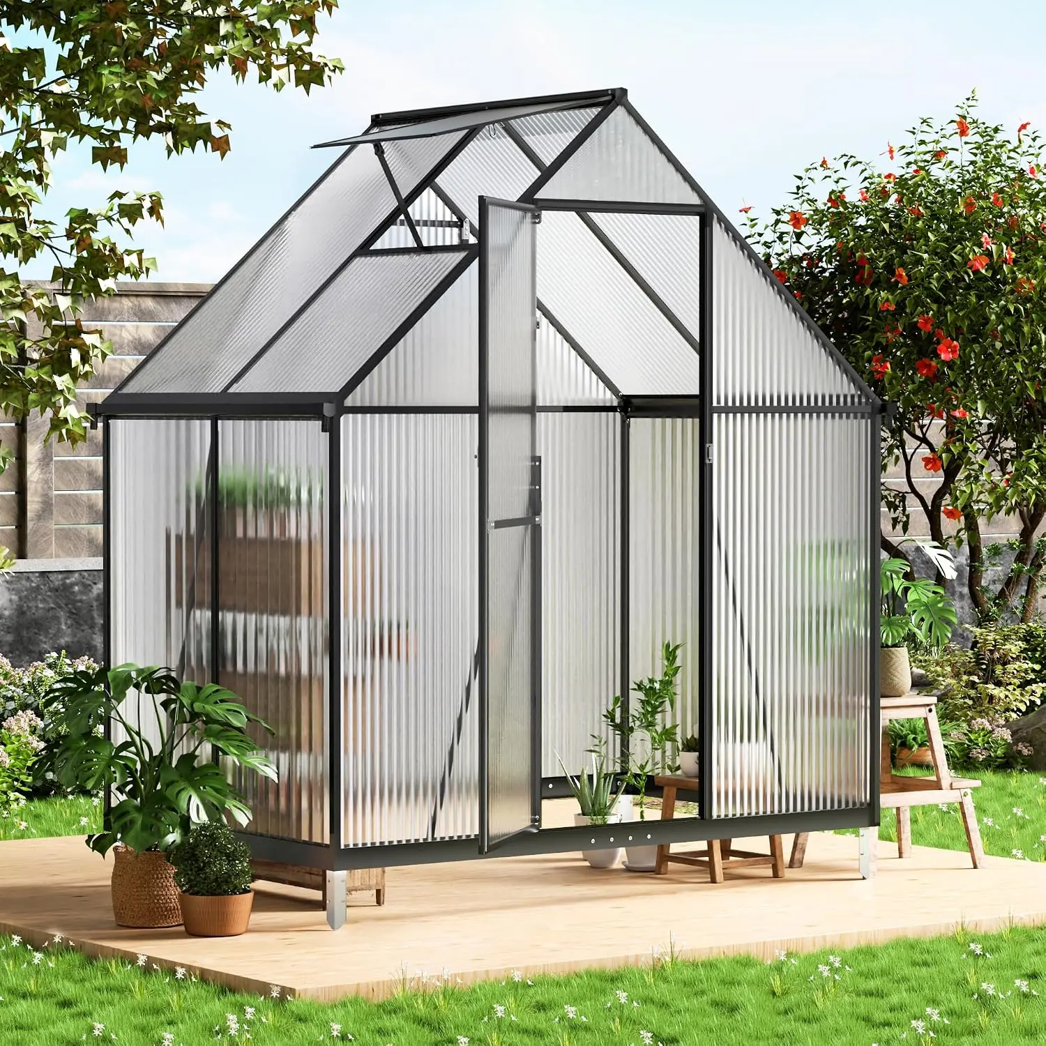 6x4FT Polycarbonate Greenhouse with Roof Vent, Aluminum Frame Walk-In Green House, Outdoor Garden Plant Growing Shelter