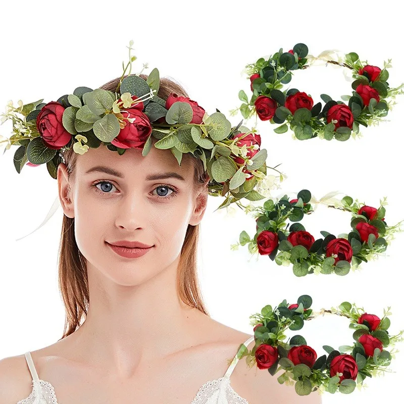 

Spring Bohemian Rose Crowns Wreath Beach Hawaii Floral Garland Romantic Faux Rose Wedding Wreaths New Flower Headband