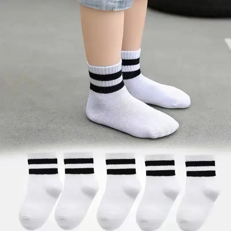 5 Pairs/ Lot Spring Autumn Striped Black White Gray College Style Striped Mid-calf Child\'s School Socks for Kids Girls and Boys