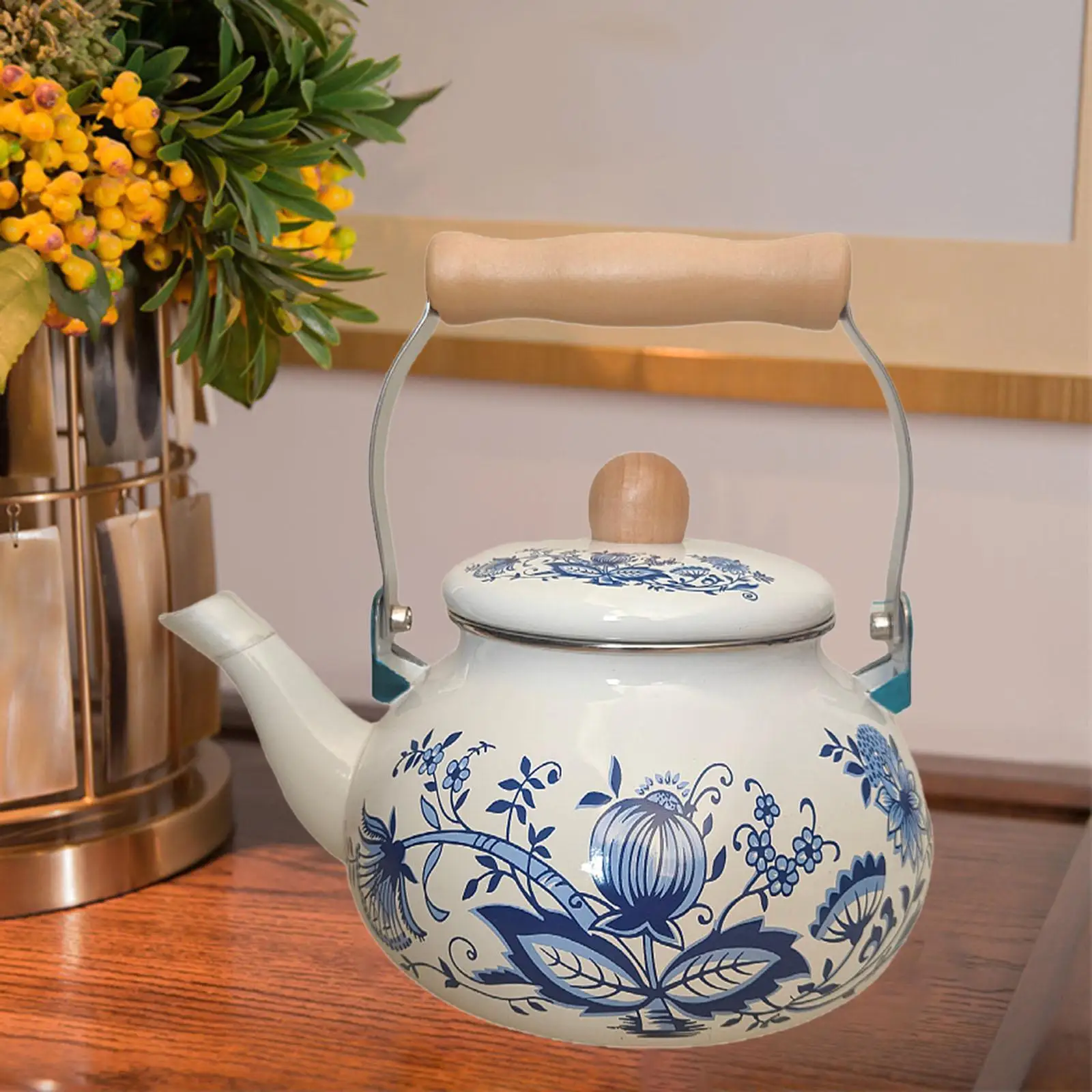 Enamel Teapot 2.5L Floral Enamel Pot for Household Stovetop Boiling Water