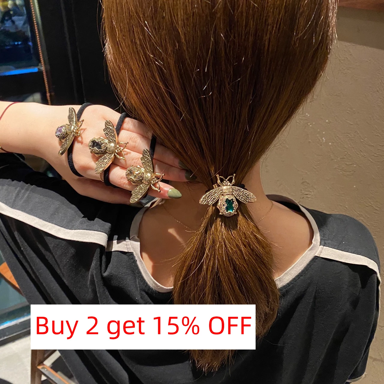 Retro Bee Elastic Hair Bandas para mulheres, strass cristal elegante, corda rabo de cavalo, laço feminino, Scrunchies, acessórios meninas
