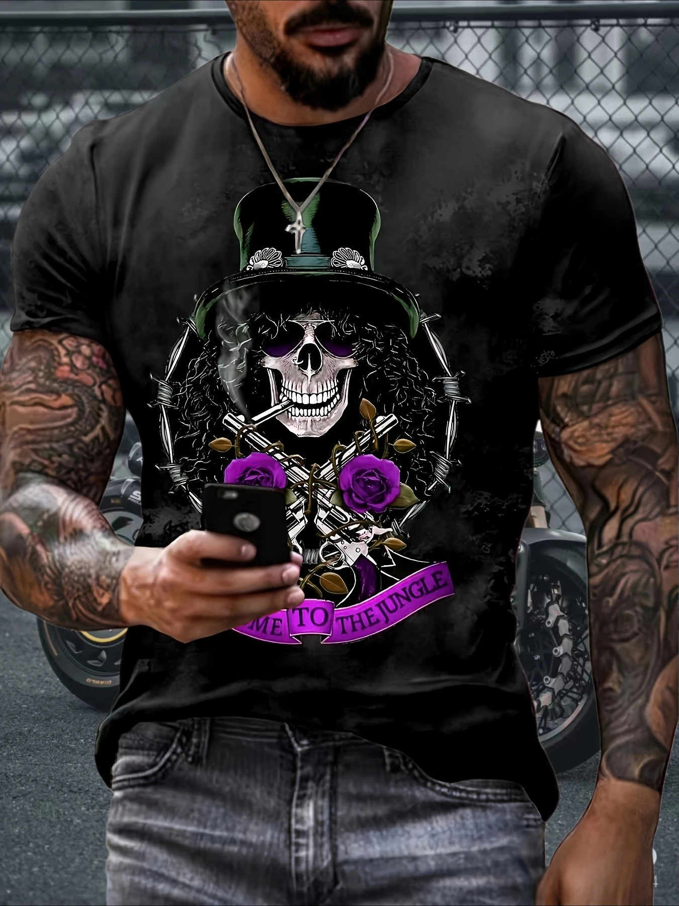 

Men's Summer Street Style - Skull and Rose "to The Rock" Print, Casual Short-sleeved, Fashionable, Breathable and Comfortable